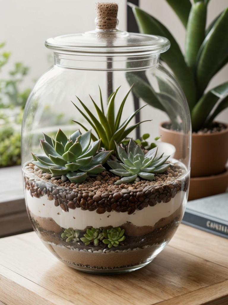 Use terrariums or glass jars to create a mini succulent garden on your coffee table or shelf.