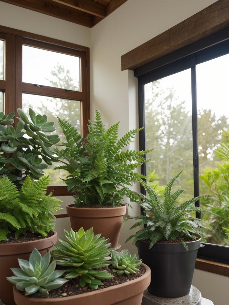 Choose low-maintenance plants such as succulents or ferns for easy upkeep.