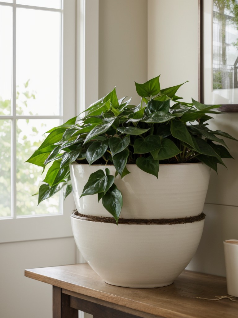 Consider using trailing plants like pothos or ivy to add depth and dimension to your space.