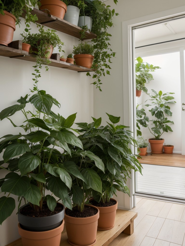 Create a botanical corner with a variety of greenery and colorful pots.