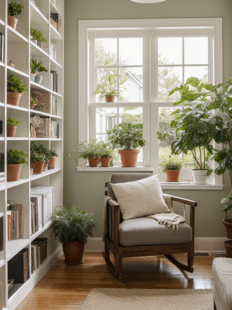 Create a cozy reading nook with a comfortable chair and a shelf filled with a collection of small potted plants.