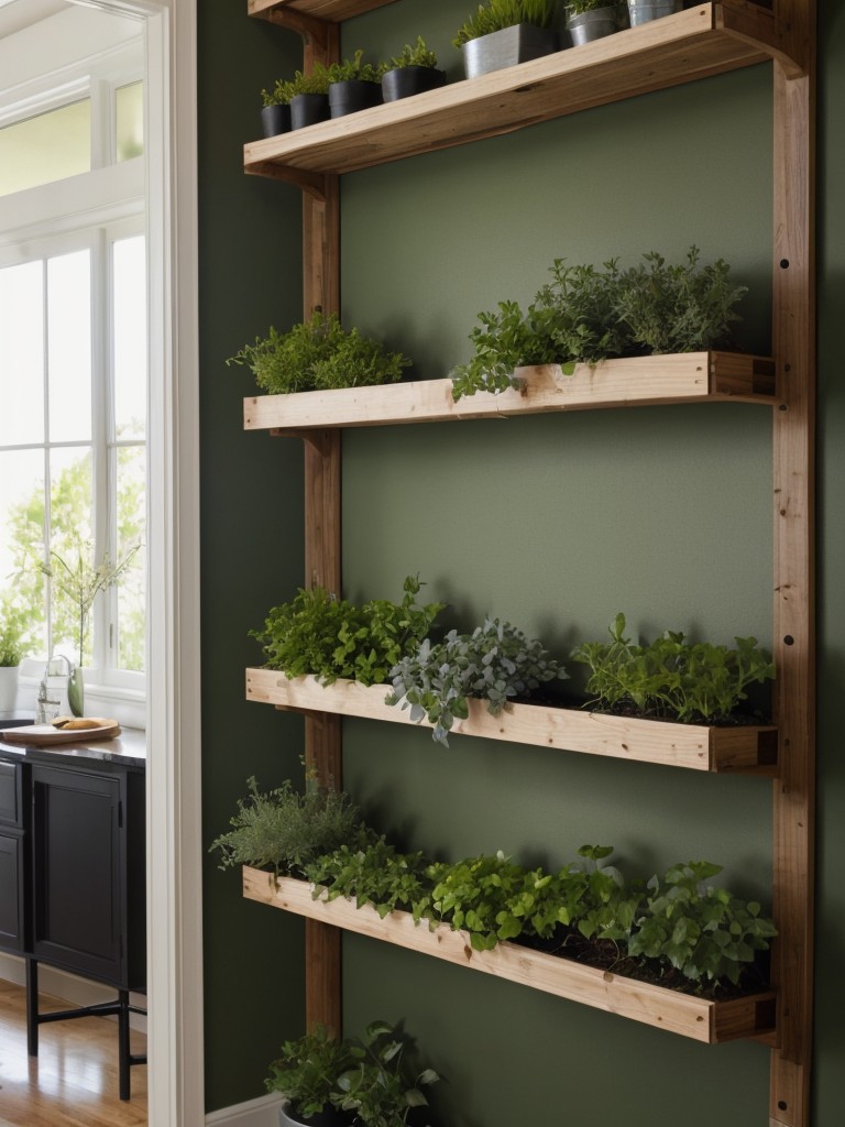 Create a vertical garden using wall-mounted shelves or trellises for a stunning green accent.