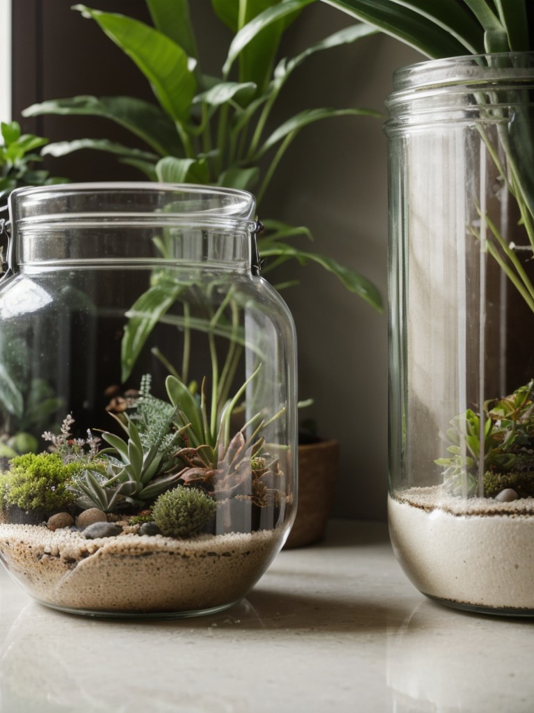 Experiment with terrariums or glass containers to create mini ecosystems within your apartment.