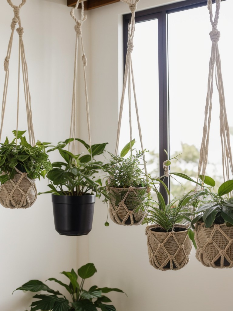 Hang macrame plant hangers from the ceiling to add boho chic vibes to your space.