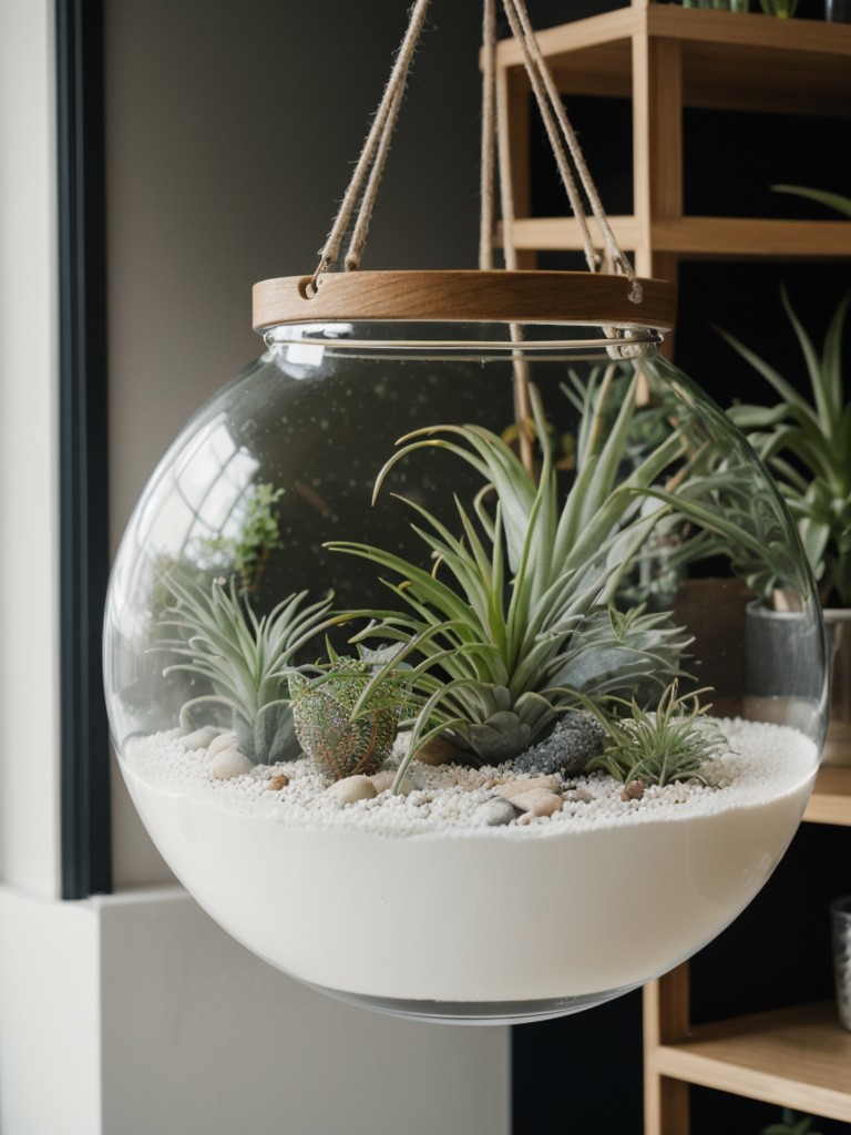 Incorporate hanging terrariums filled with air plants for a modern and unique twist.
