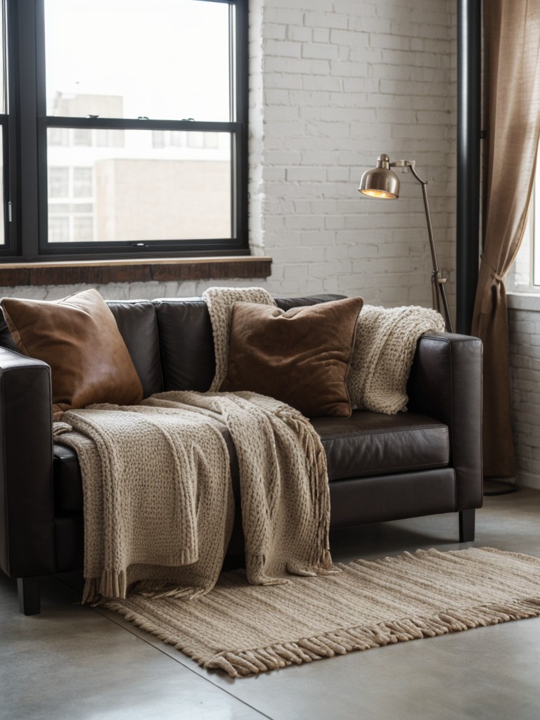 Add warmth to your industrial loft apartment decor by layering different textures and materials, such as faux fur pillows, leather throws, and chunky knit blankets.