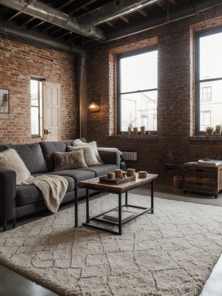 Create a cozy and inviting atmosphere in your industrial loft apartment by incorporating cozy textiles, such as faux fur blankets or soft area rugs.