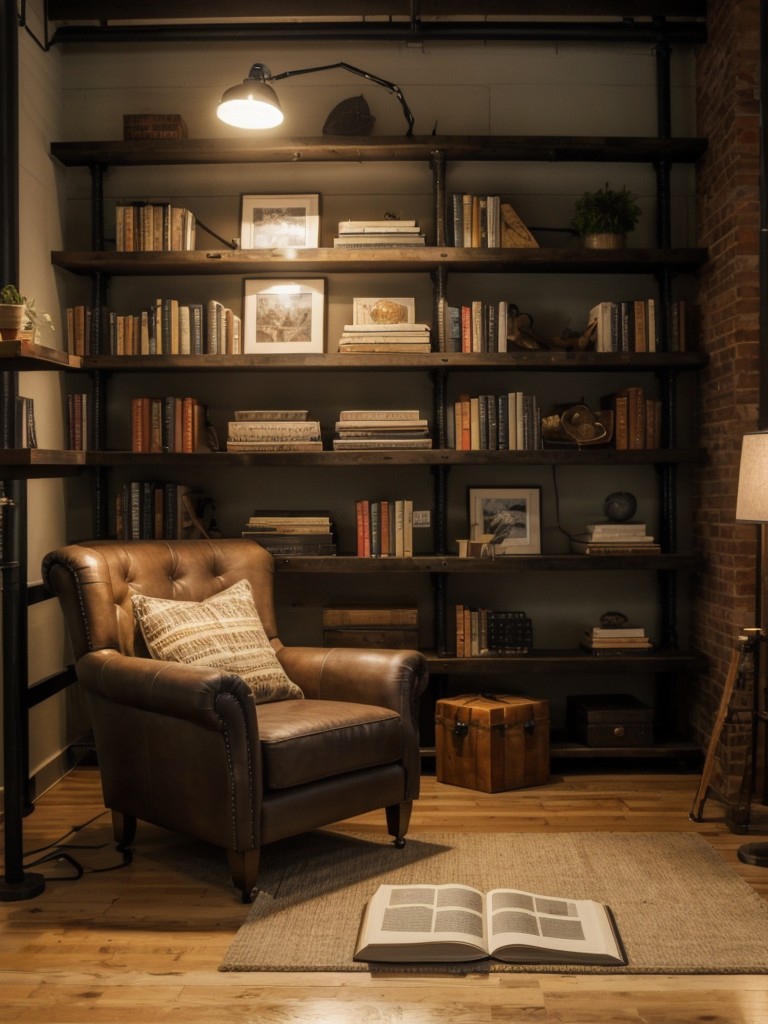 Create a cozy reading nook in your industrial loft apartment by incorporating a comfortable armchair, a floor lamp, and a bookshelf filled with your favorite reads.