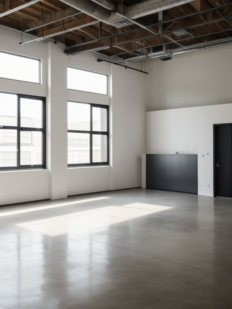 Embrace the open floor plan of your industrial loft apartment by incorporating minimalistic and sleek furniture pieces that enhance the spaciousness and flow of the space.