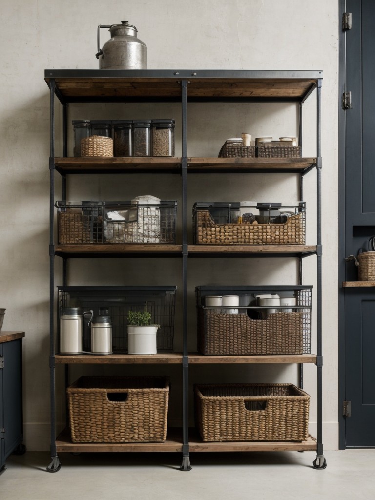 Utilize open shelving or repurposed storage solutions, such as metal bins or wire baskets, to maintain the industrial aesthetic while also providing practical storage options.