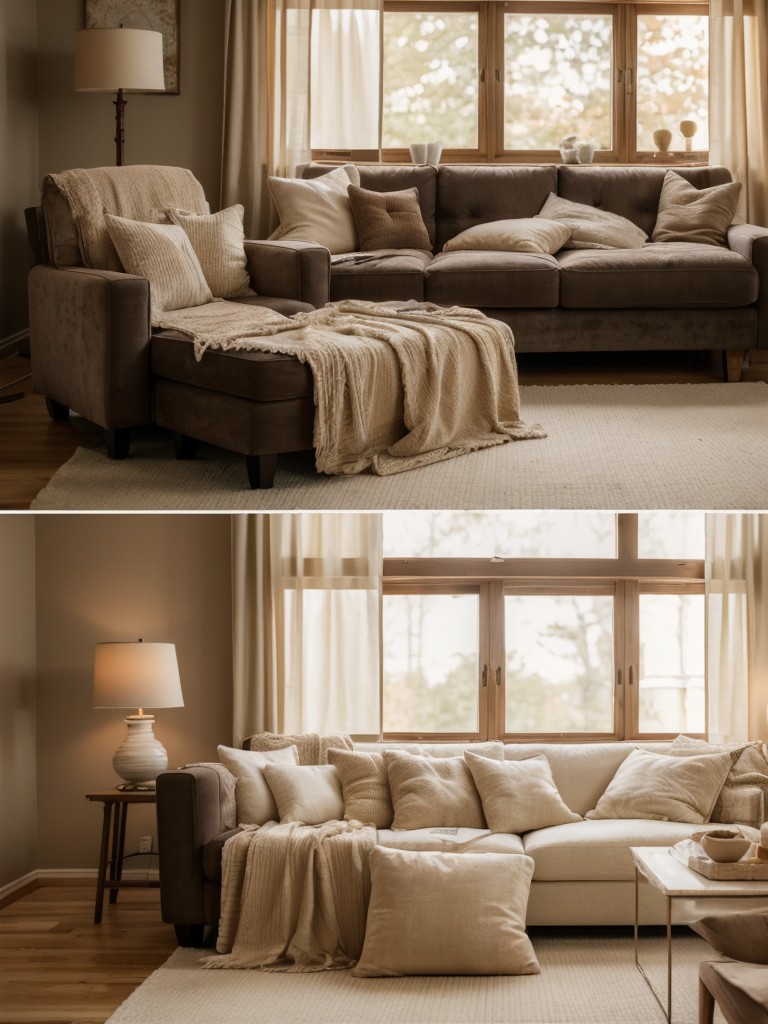 Create a cozy and inviting atmosphere with warm neutral tones, soft lighting, and plush fabrics.