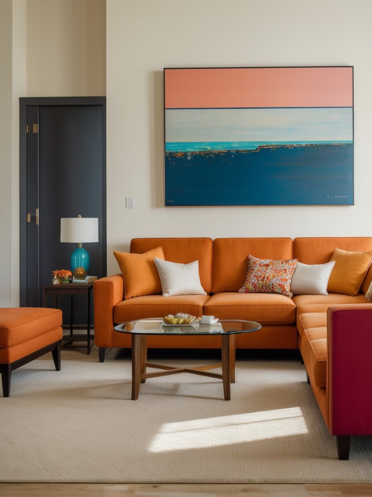 Emphasize a vibrant color scheme by using pops of color through accent pillows, artwork, or statement furniture pieces.