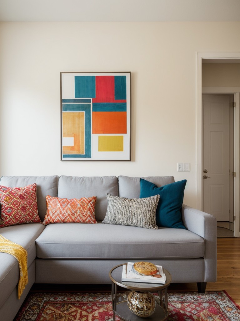 Adding pops of color and patterns to a one-bedroom apartment through the use of vibrant accent pillows, statement rugs, or bold artwork, injecting a sense of energy and personality into the space.