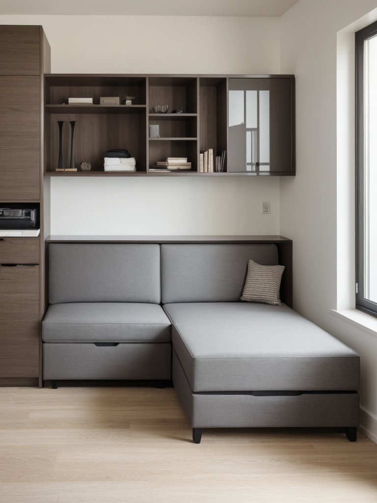 Clever space-saving solutions for a one-bedroom apartment, including multifunctional furniture pieces like sleeper sofas, hidden storage ottomans, and wall-mounted desks or folding tables.