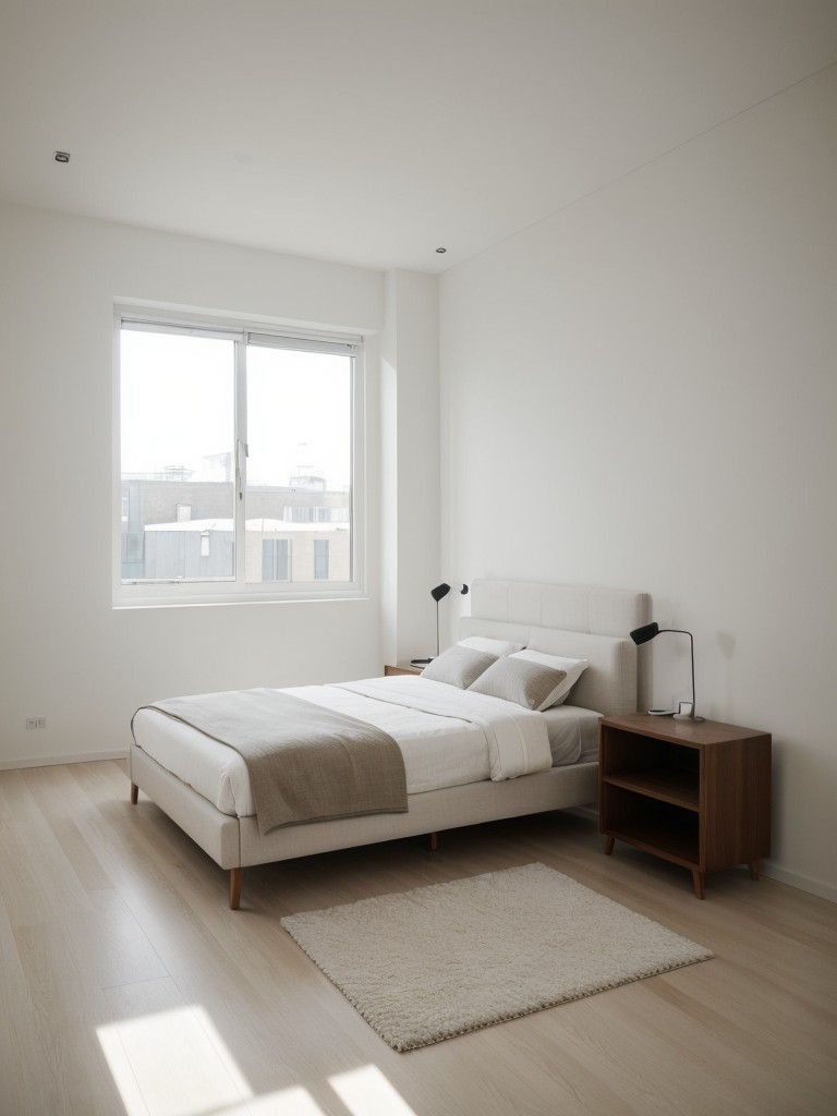 Creating a calming and serene atmosphere in a one-bedroom apartment by opting for a minimalist design approach, with clean lines, ample negative space, and a neutral color palette.