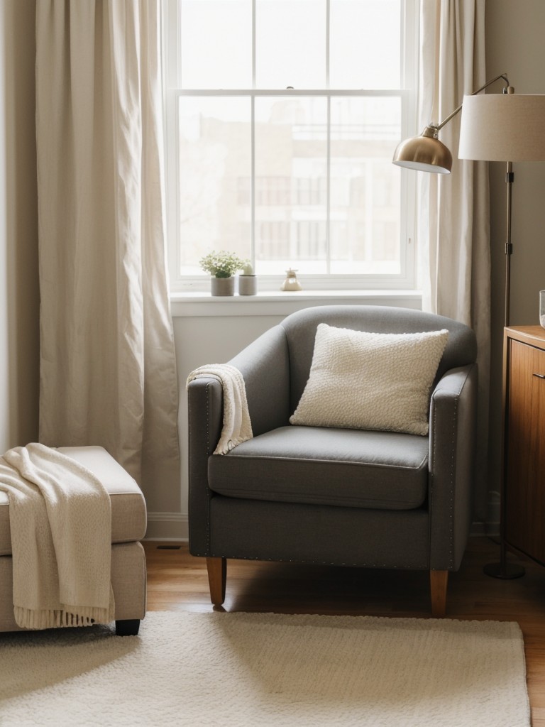 Designing a cozy reading corner in a one-bedroom apartment with a comfortable armchair or chaise lounge, a soft blanket, and ample lighting for a peaceful and relaxing atmosphere.