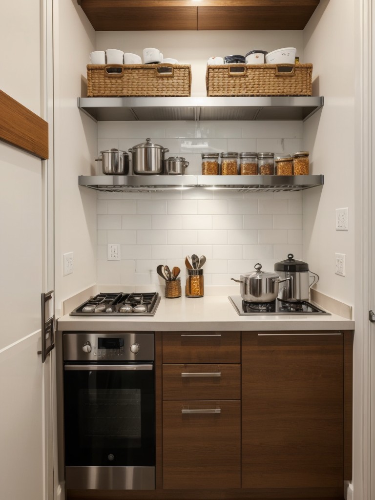 Enhancing the functionality of a small kitchen in a one-bedroom apartment with space-saving appliances, pull-out pantry shelves, and creative storage solutions for pots, pans, and utensils.
