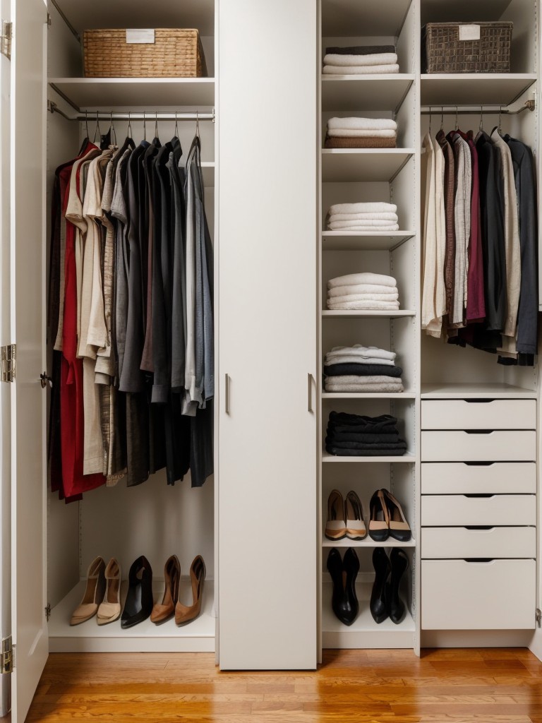 How to make the most of limited closet space in a one-bedroom apartment by utilizing organizational tools like hanging shoe racks, dividers, and stackable storage bins.