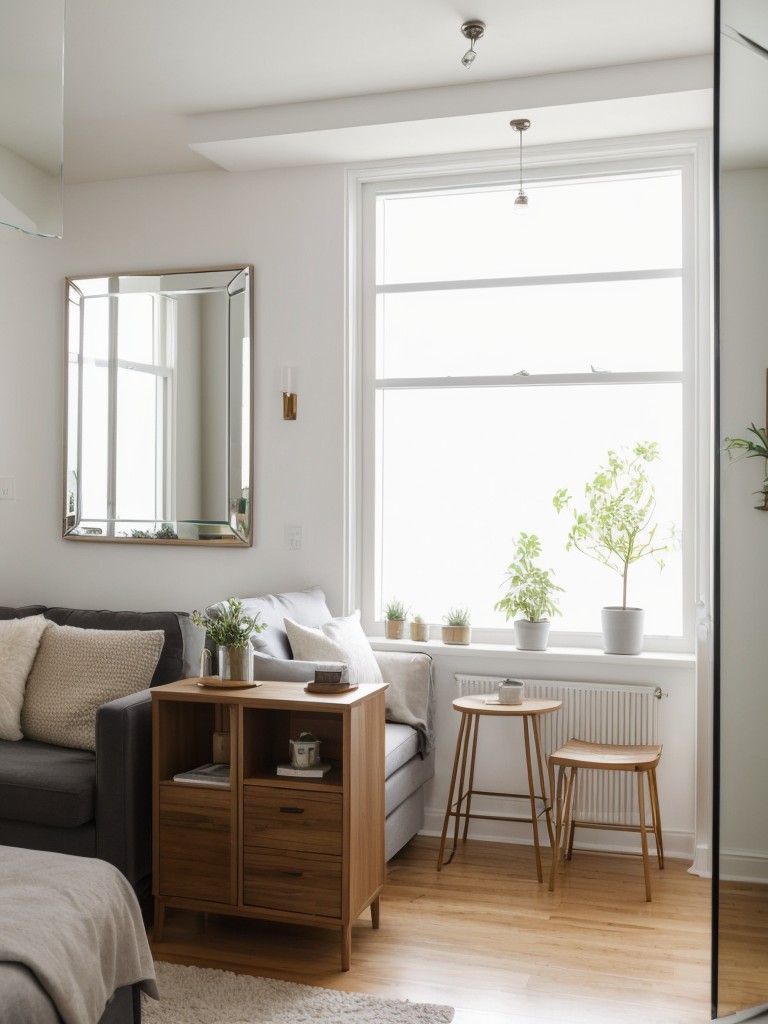 How to make a small one-bedroom apartment feel more open and spacious by employing open shelving, glass or mirrored furniture, and transitional decor pieces that blend seamlessly from one area to another.