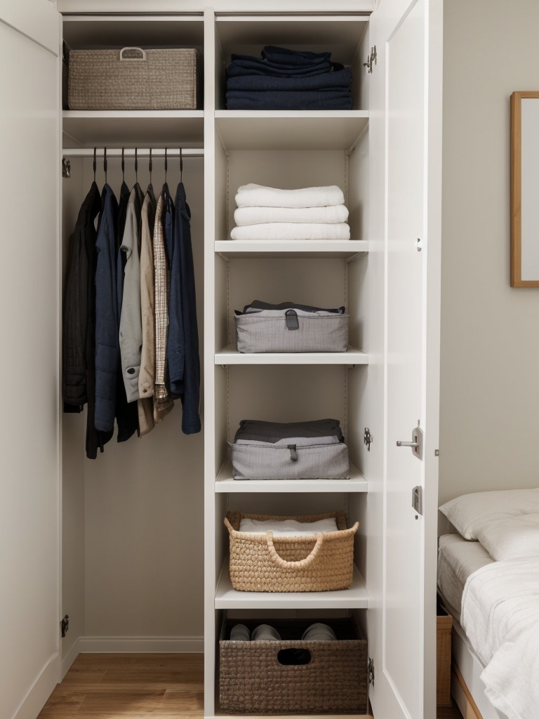 Maximizing storage in a one-bedroom apartment by utilizing under-bed storage bins, hanging storage organizers, and utilizing vertical wall space for shelves or hooks to hang items like coats or bags.