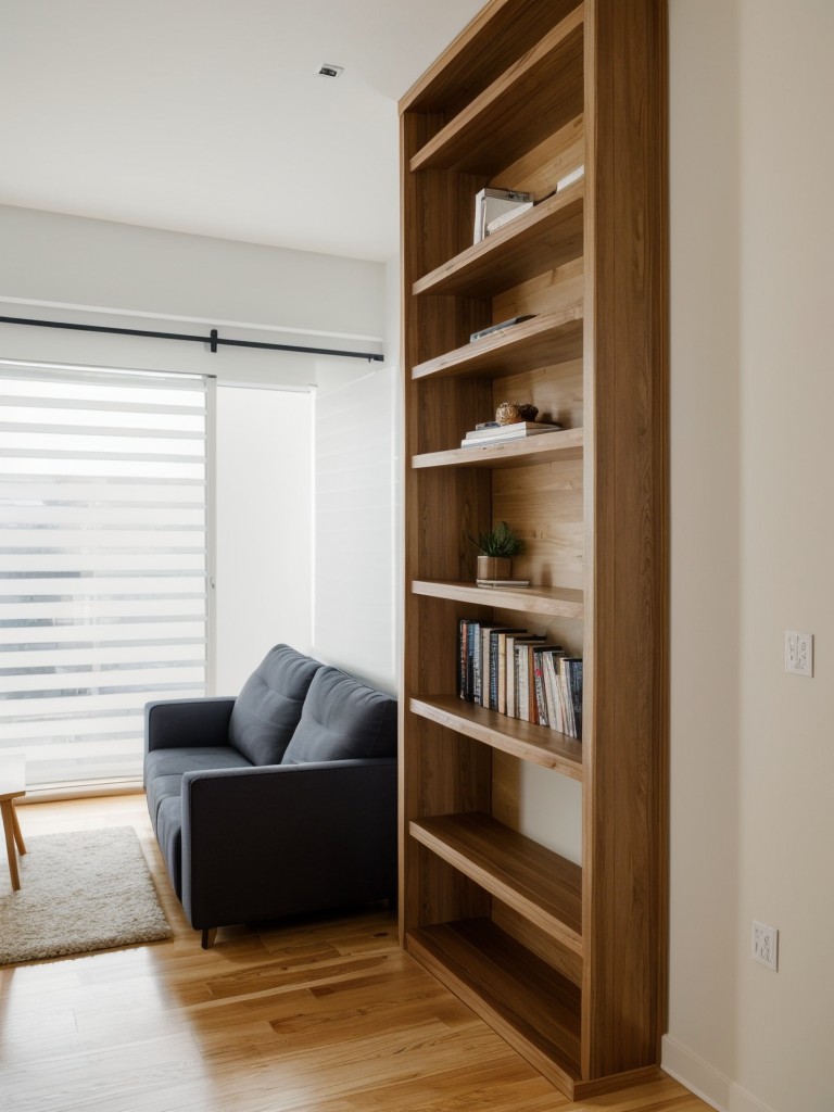 Utilizing the vertical space in a one-bedroom apartment by installing floating shelves or wall-mounted bookcases, allowing for more storage and displaying opportunities without taking up valuable floor space.