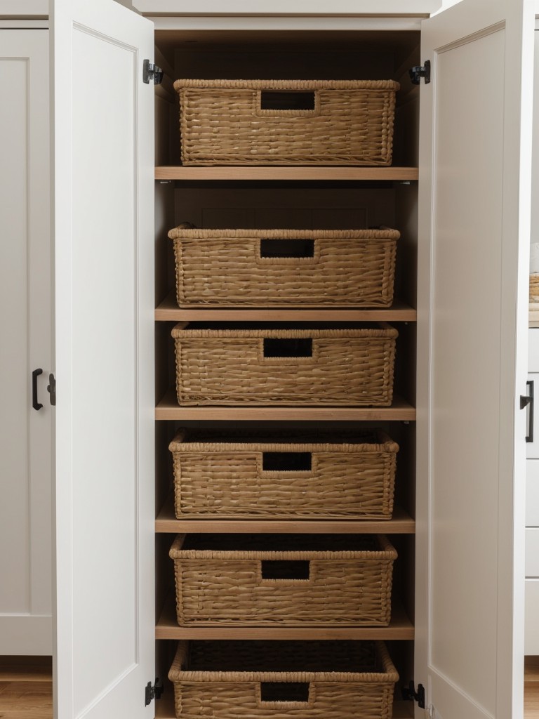 Add storage baskets or bins on top of cabinets or shelves to make better use of vertical space and keep items organized.