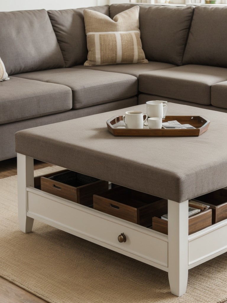 Use multi-purpose furniture, like a coffee table with built-in storage or an ottoman that can be used as extra seating and as a storage solution.