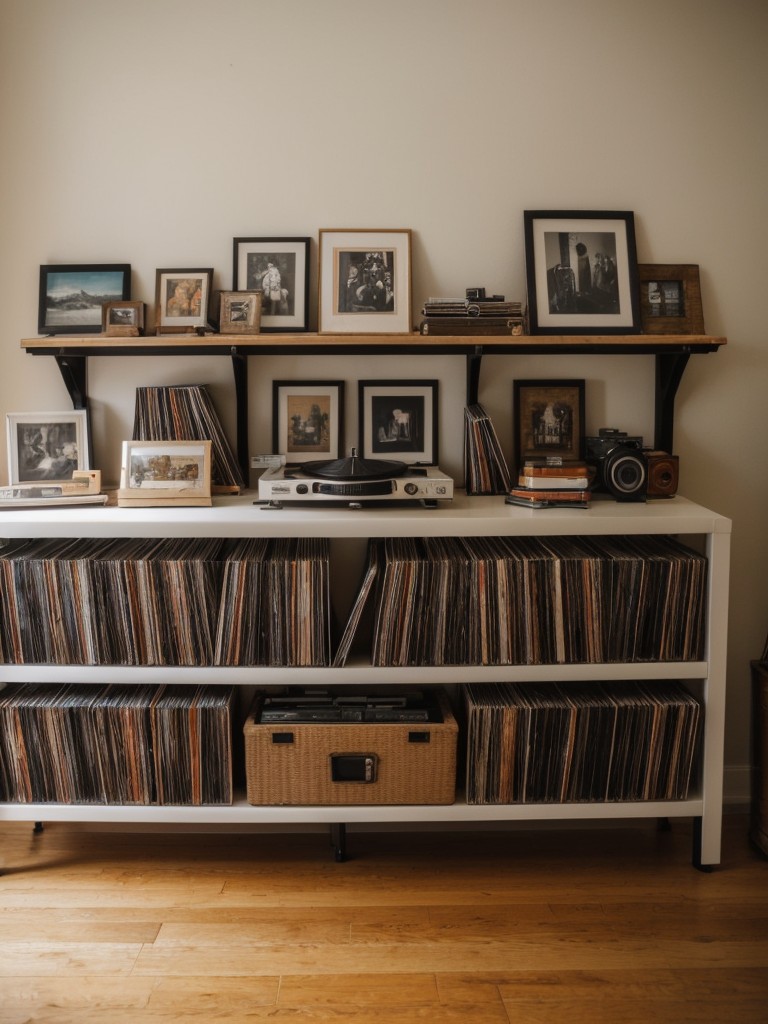 Create a dedicated display area for a collection of items, whether it be books, vinyl records, or vintage cameras.