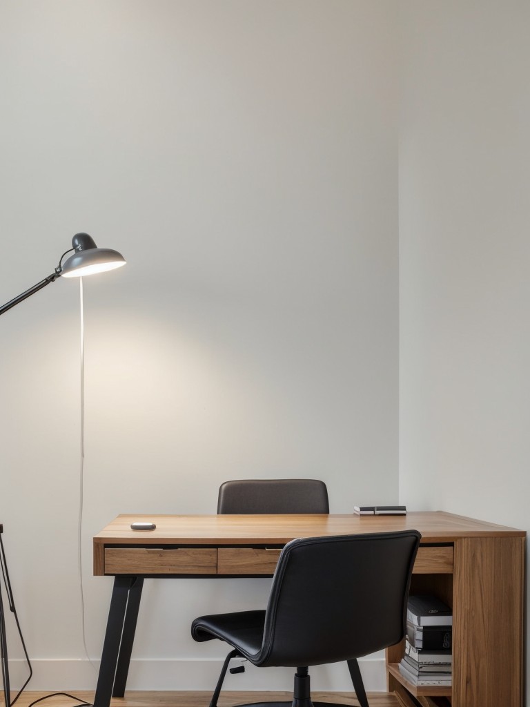 Create a functional and stylish workspace area by adding a large desk, comfortable chair, and adequate task lighting.