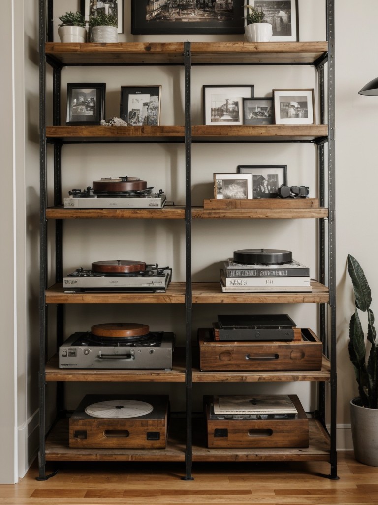 Incorporate industrial-inspired shelving units to showcase books, vinyl records, or curated decor pieces.