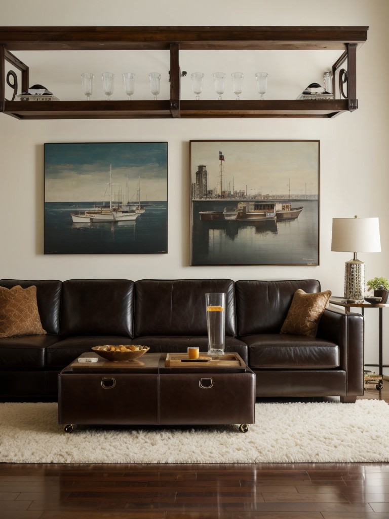 Incorporate statement pieces like a leather sofa, a vintage bar cart, or an oversized artwork to add personality to the space.