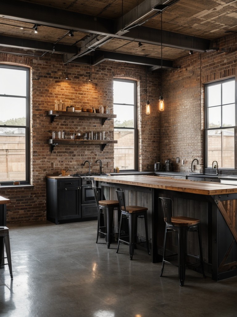 Utilize industrial-inspired materials like exposed brick, metal accents, and raw wood to create a rugged and edgy atmosphere.