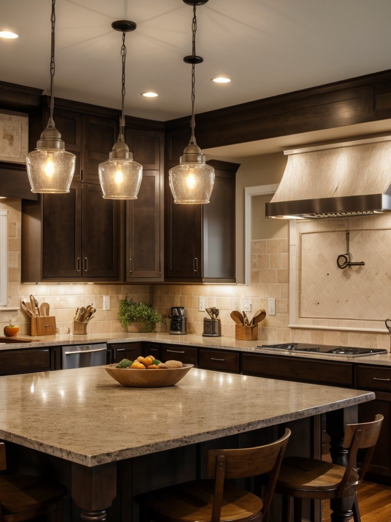 Create a cozy and inviting atmosphere in the kitchen with warm lighting features, like pendant lights or under-cabinet LEDs.