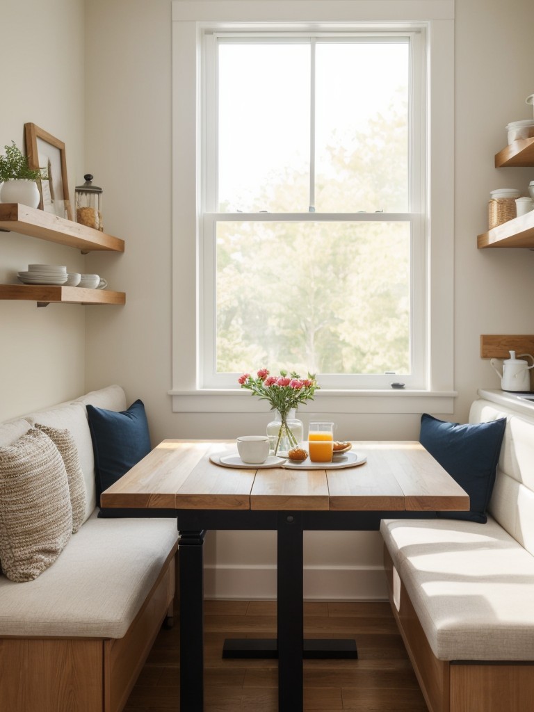 Create a functional and stylish breakfast nook in the kitchen by adding a cozy seating area with colorful cushions and a small table.