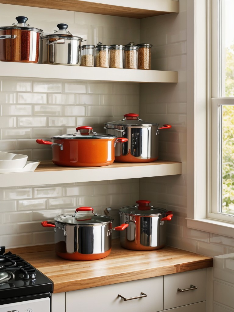 Embrace open shelving in the kitchen to display your colorful cookware and vibrant utensils, creating a visually appealing and accessible area.