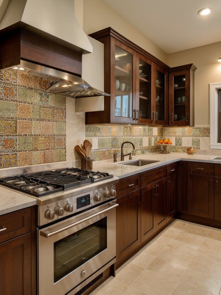 Incorporate vibrant colors and traditional patterns in the kitchen decor, using wall tiles, backsplashes, or even cabinet detailing.