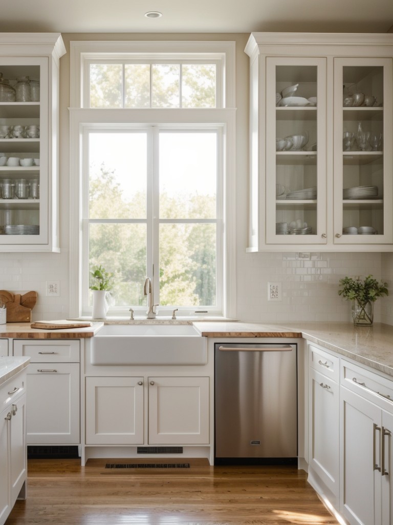 Maximize natural light in the kitchen by installing large windows or using glass cabinet doors, creating an airy and inviting space.