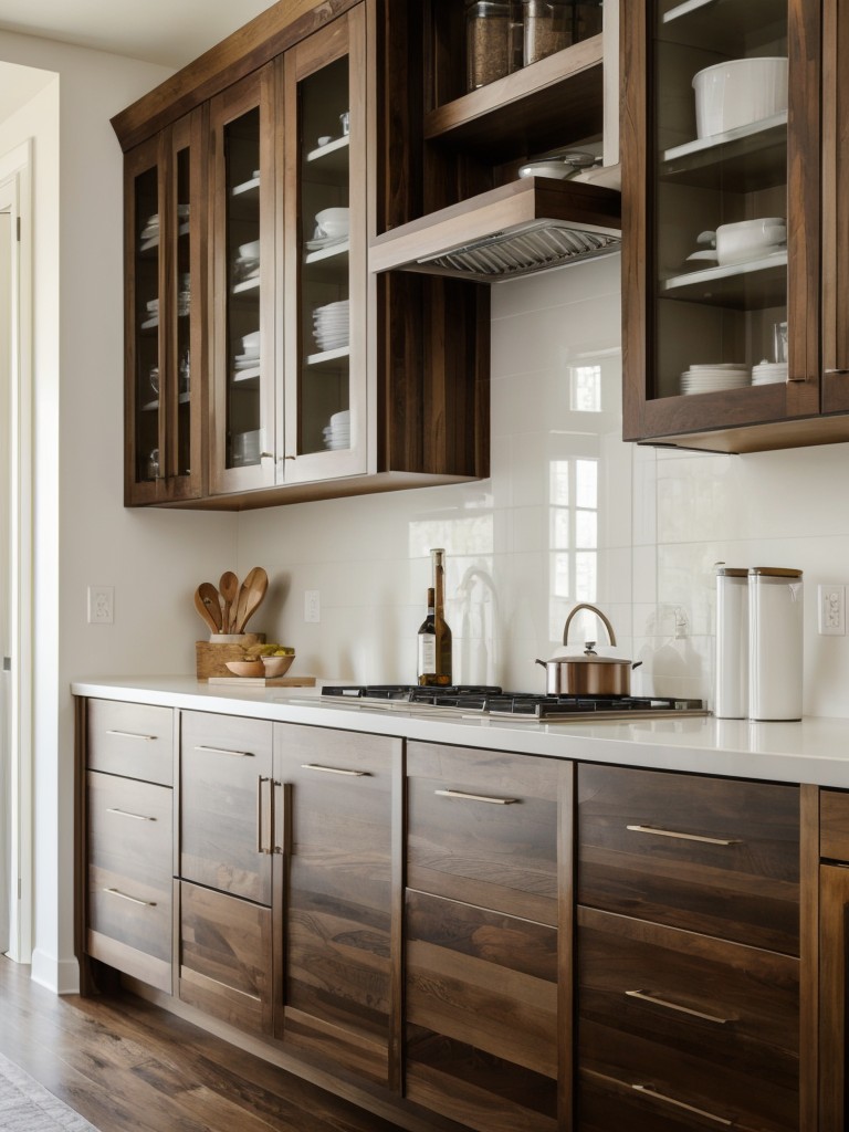 Opt for a mix of traditional and contemporary kitchen cabinets, using solid wood finishes with sleek handles or modern glass displays.