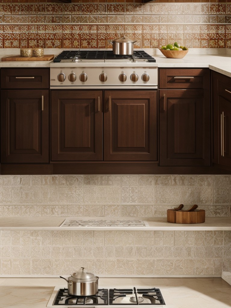 Spice up the kitchen with decorative tiles featuring intricate patterns or motifs, adding an ethnic flair to the overall design.