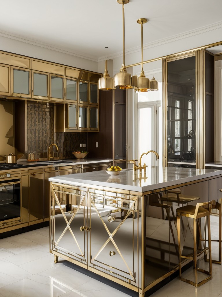 Art deco-inspired apartment kitchen island ideas with geometric shapes, bold patterns, and glamorous touches like brass hardware or mirrored finishes.