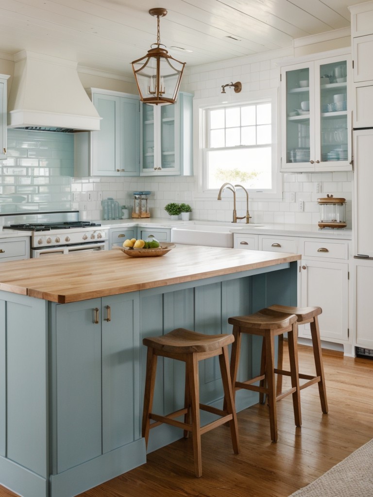 Coastal-inspired apartment kitchen island ideas with a light and airy color palette, beadboard paneling, and a nautical-themed decor.
