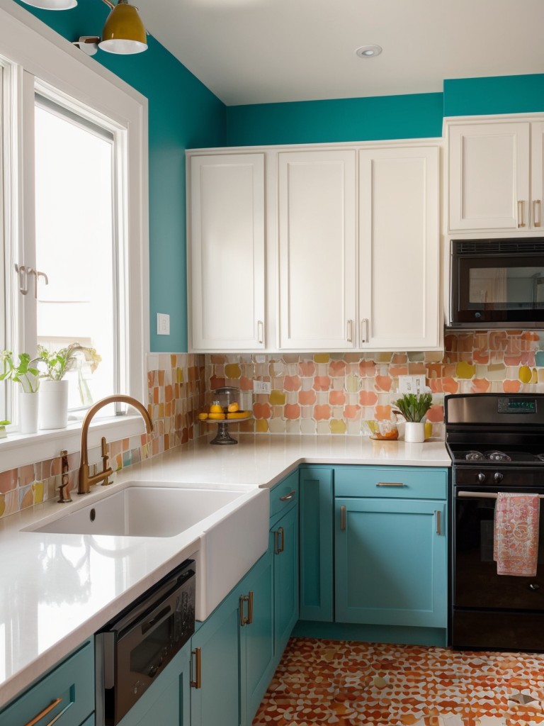 Colorful apartment kitchen island ideas using vibrant paint or tiles to add a pop of personality in an otherwise neutral kitchen space.
