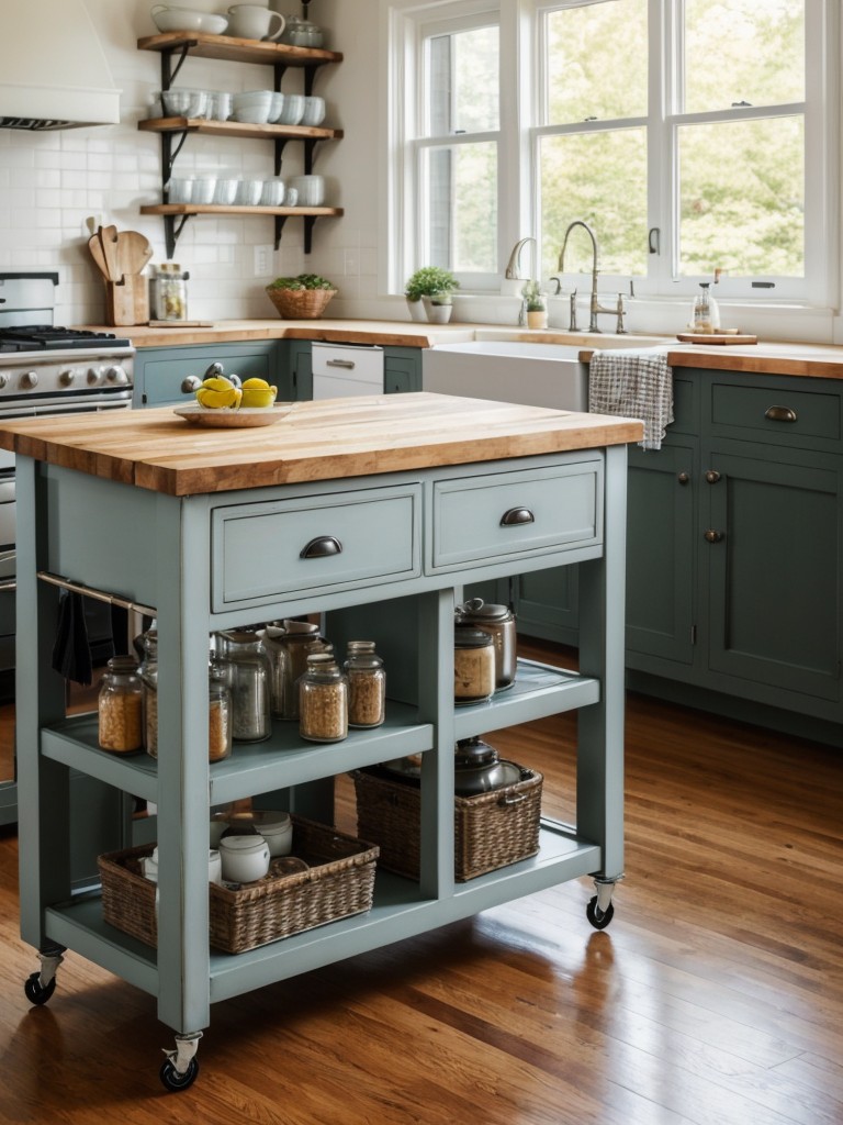 Creative apartment kitchen island ideas using repurposed furniture like a vintage sideboard or a rolling cart with a butcher block top.