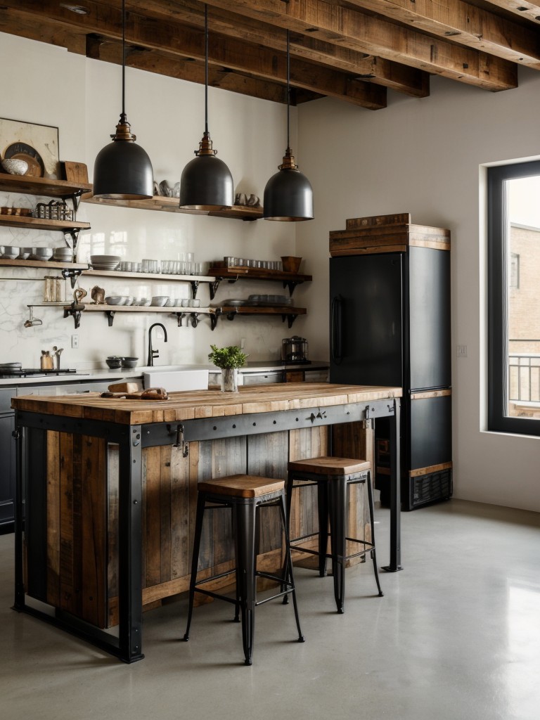 Eclectic apartment kitchen island ideas combining different materials and styles, such as a mix of industrial metal and rustic wood or a bold color contrast.