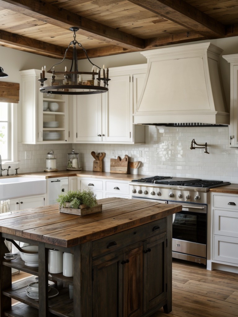Farmhouse-style apartment kitchen island ideas with a distressed wood finish, decorative corbels, and a farmhouse sink.