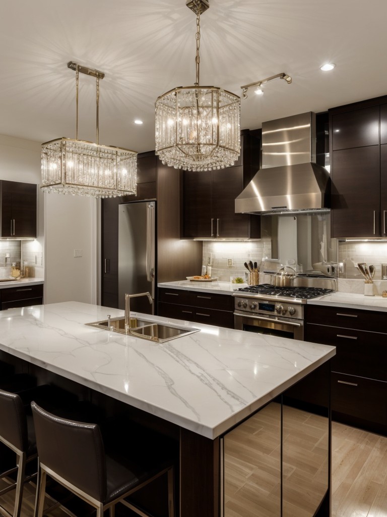 Glamorous apartment kitchen island ideas featuring a statement chandelier, mirrored surfaces, and a touch of metallic accents.