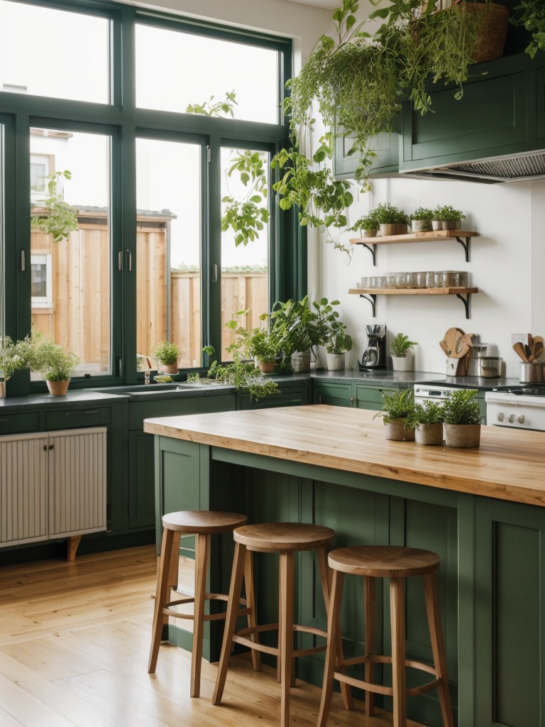 Green apartment kitchen island ideas incorporating indoor plants, herb gardens, and sustainable materials to create a natural and eco-friendly space.