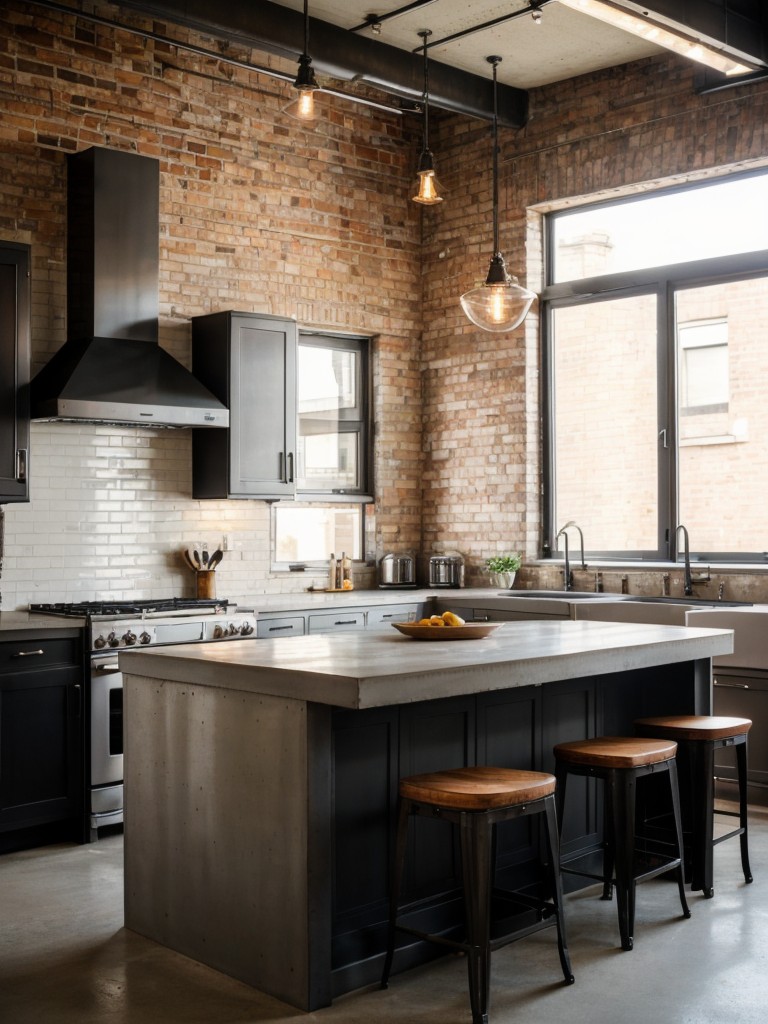 Industrial-chic apartment kitchen island ideas with exposed brick walls, concrete countertops, and vintage-inspired lighting fixtures.