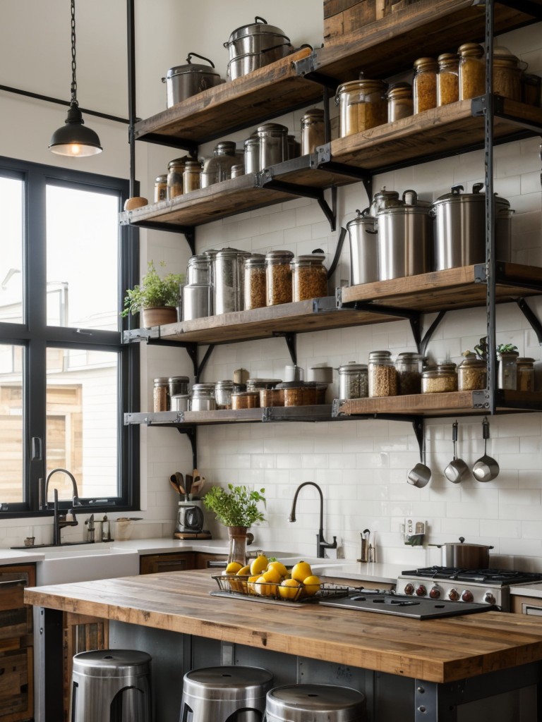 Industrial-inspired apartment kitchen island ideas with a mix of metal and reclaimed wood materials, showcasing open shelving and hanging pot racks.