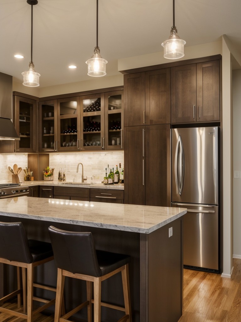 Open-concept apartment kitchen island ideas for seamless flow between cooking, dining, and entertaining areas, incorporating a bar area and wine storage.